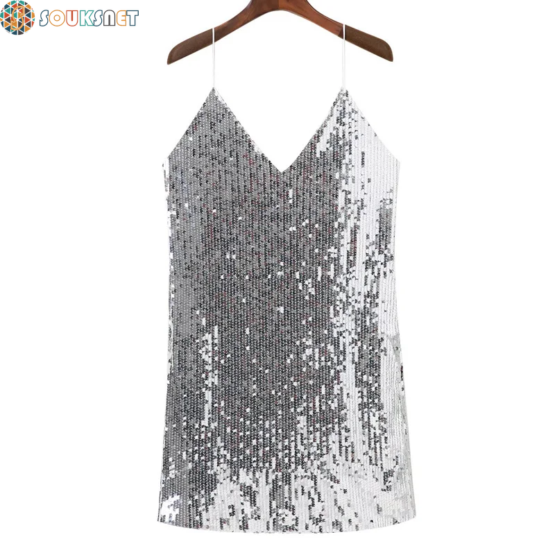 Deep V Neck Autumn Silver Sequined Backless Sexy Dress Women off Shoulder Mini Dress Christmas Party Club Strap Dresses Vestidos