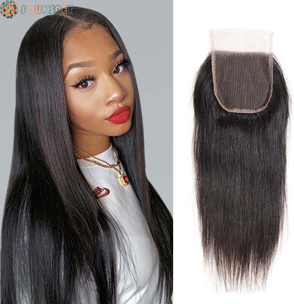 Bresilian Weaving in Lots Human Hair Virgin Closure Weaving Smooth Extensiones De Cabello Hair Extensions 100% Natural Human Hair Straight Hair Strands Natural Black (16 Inch/40 Cm, 4X4 Lace Closure)