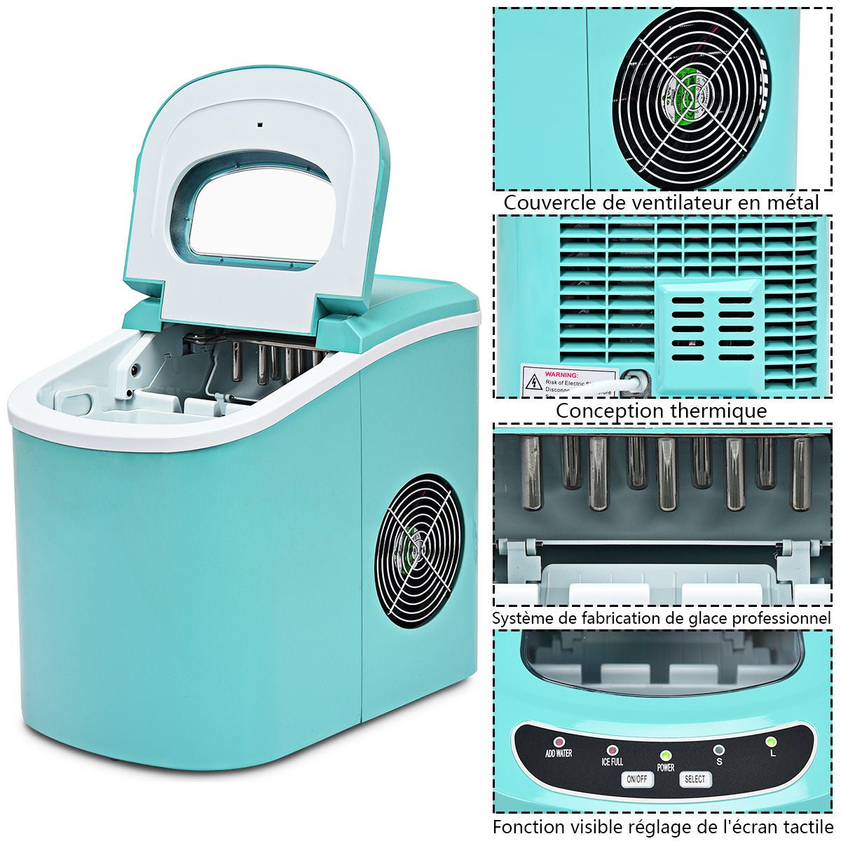 Machine À Glaçons Portable 12KG/24H 9 Glaçons Par 6-13 Min Avec Réservoir 2,2 L Et Bac À Glace De 0,7 Kg Bleu/Vert
