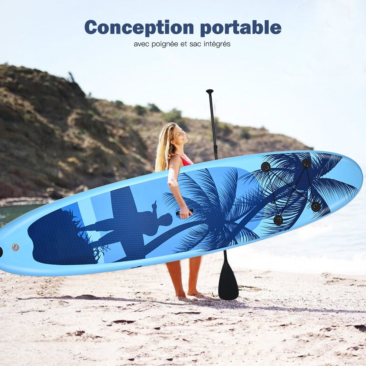 Paddle Stand up Gonflable En PVC Avec Sac De Transport Pagaie Réglable Accessoires 3 Tailles Au Choix Bleu Clair