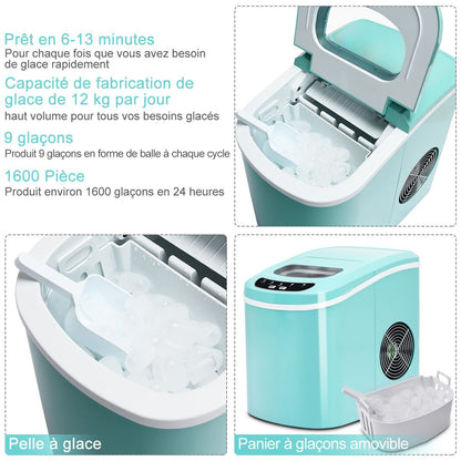 Machine À Glaçons Portable 12KG/24H 9 Glaçons Par 6-13 Min Avec Réservoir 2,2 L Et Bac À Glace De 0,7 Kg Bleu/Vert