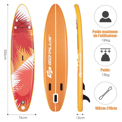 Paddle Gonflable 320X76X15Cm/335X76X15Cm En PVC Avec Pagaie Alliage Aluminium Réglable Aileron Amovible Pompe Manuel 130KG MAX Orange