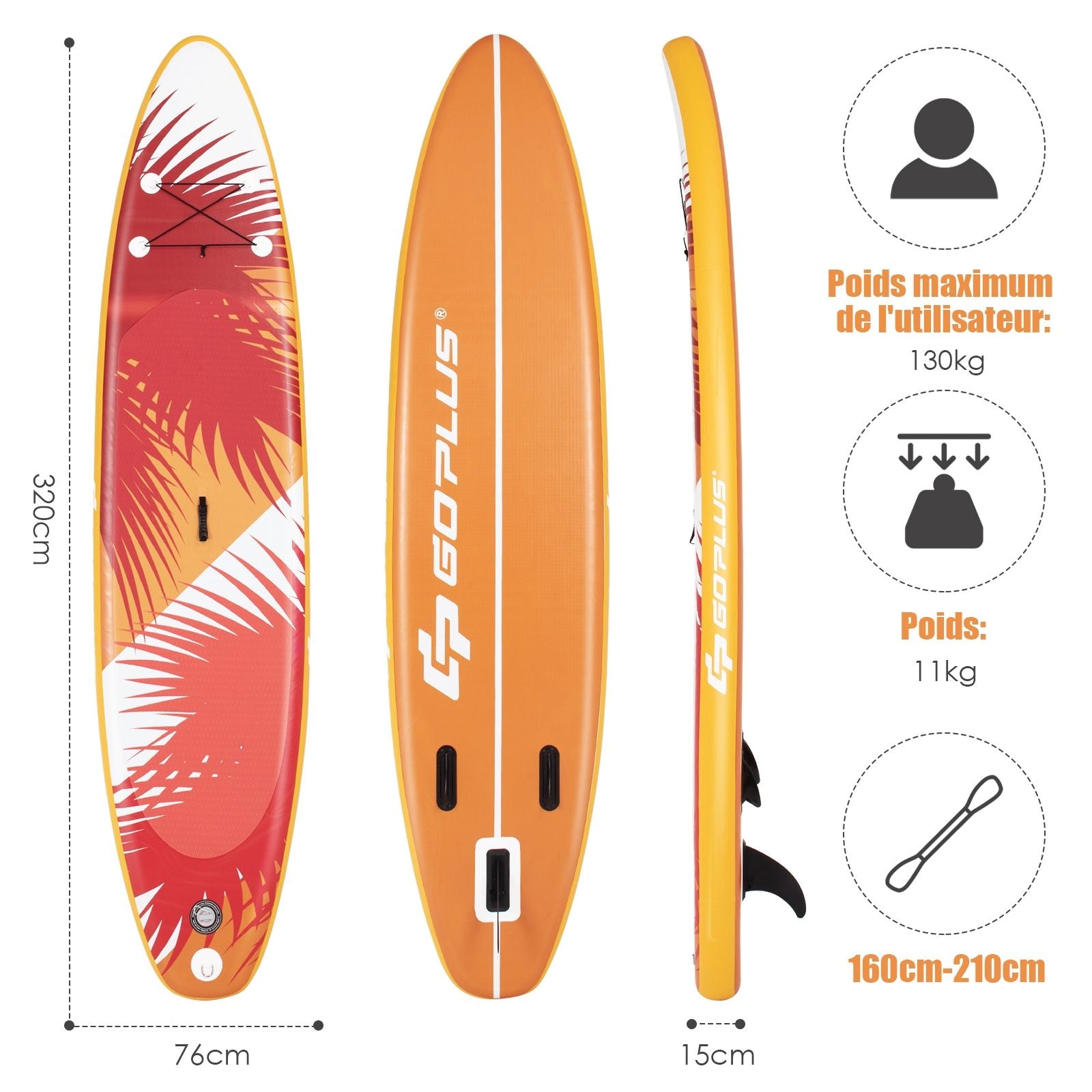 Paddle Gonflable 320X76X15Cm/335X76X15Cm En PVC Avec Pagaie Alliage Aluminium Réglable Aileron Amovible Pompe Manuel 130KG MAX Orange