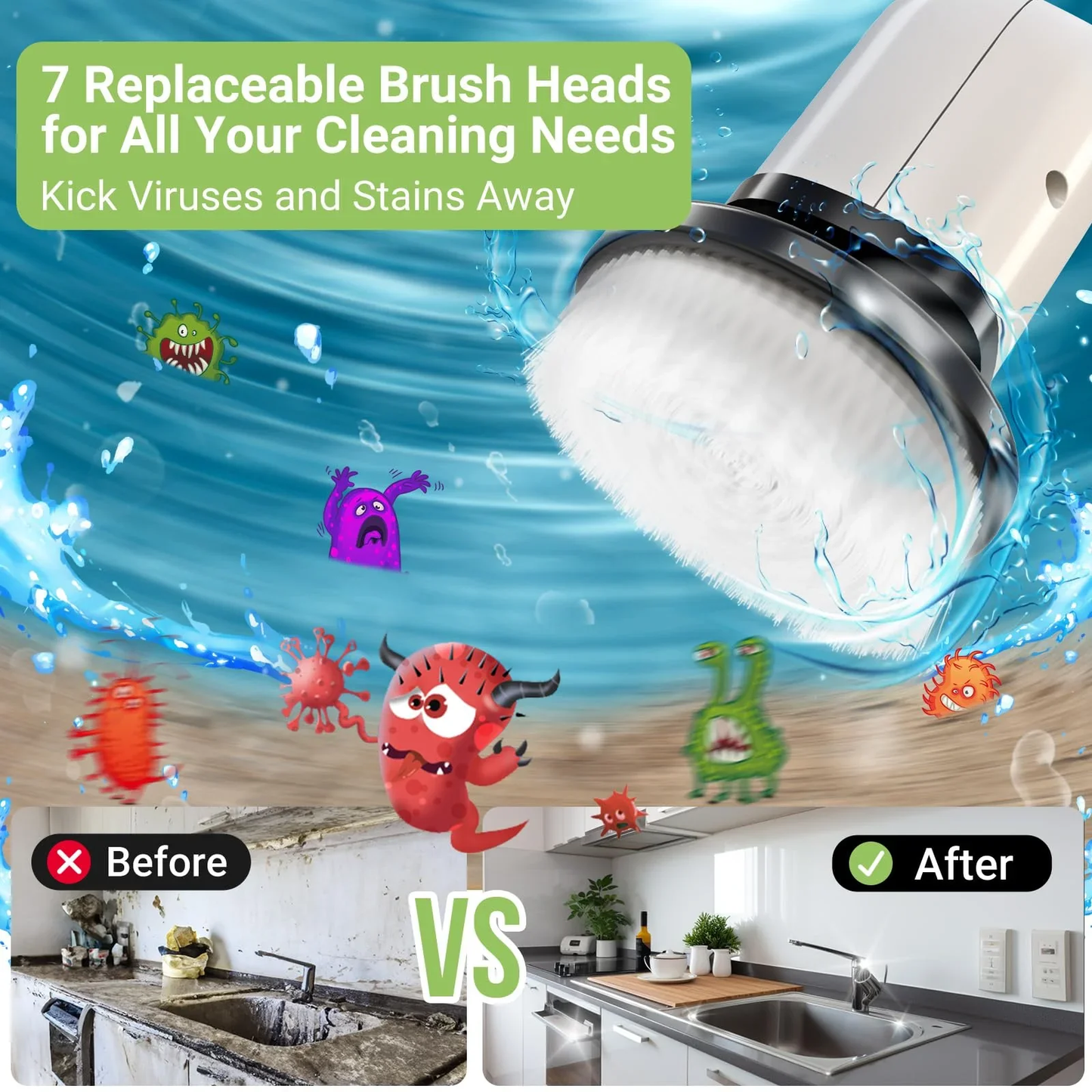 Brosse Nettoyante Électrique Sans Fil — 8 Têtes Interchangeables | Sol, Carrelage & Salle de Bain