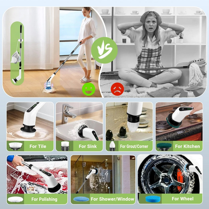 Brosse Nettoyante Électrique Sans Fil — 8 Têtes Interchangeables | Sol, Carrelage & Salle de Bain