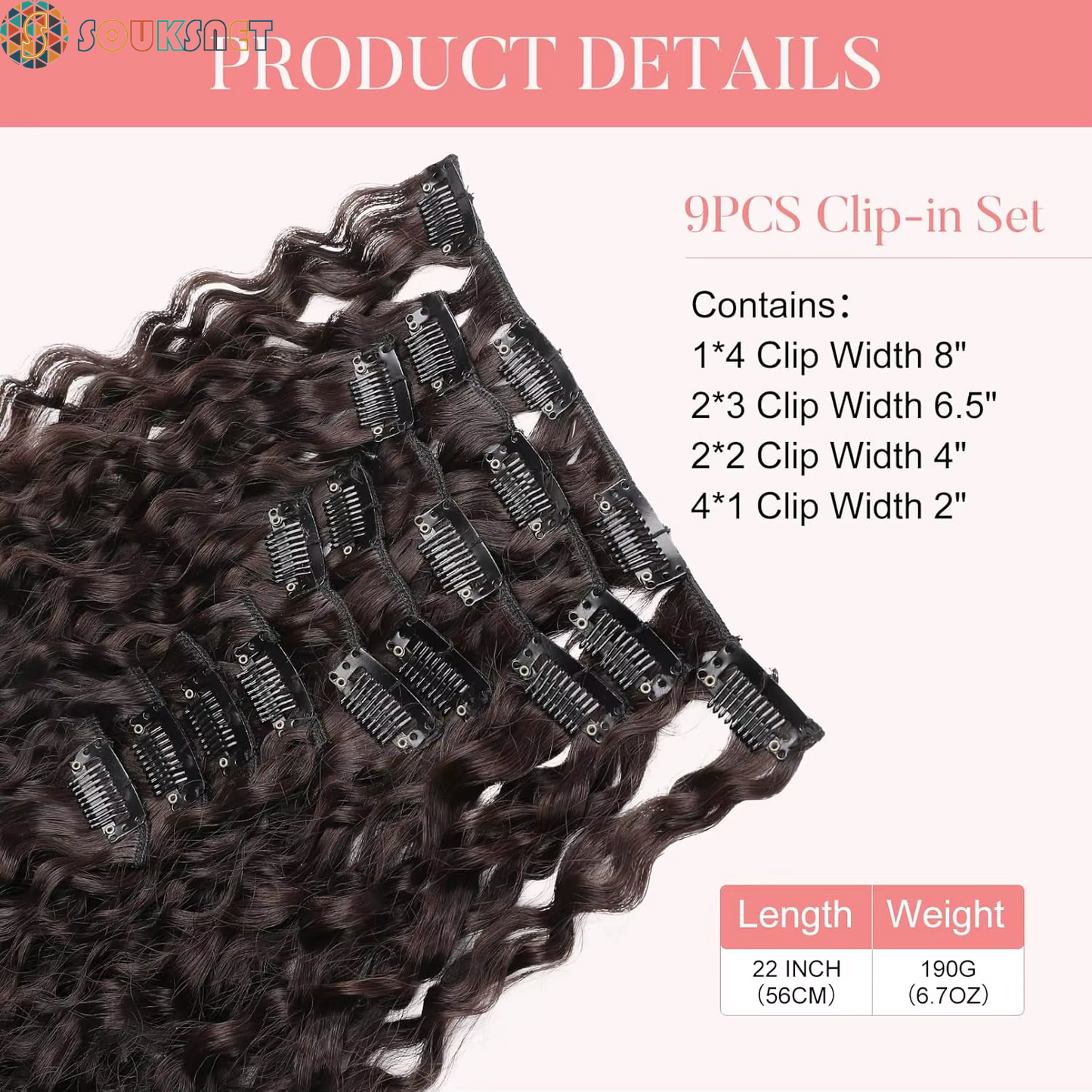 Extensions Cheveux À Clipser Bouclées 9 Pièces — 22 Pouces | Synthétique Doux | Femmes