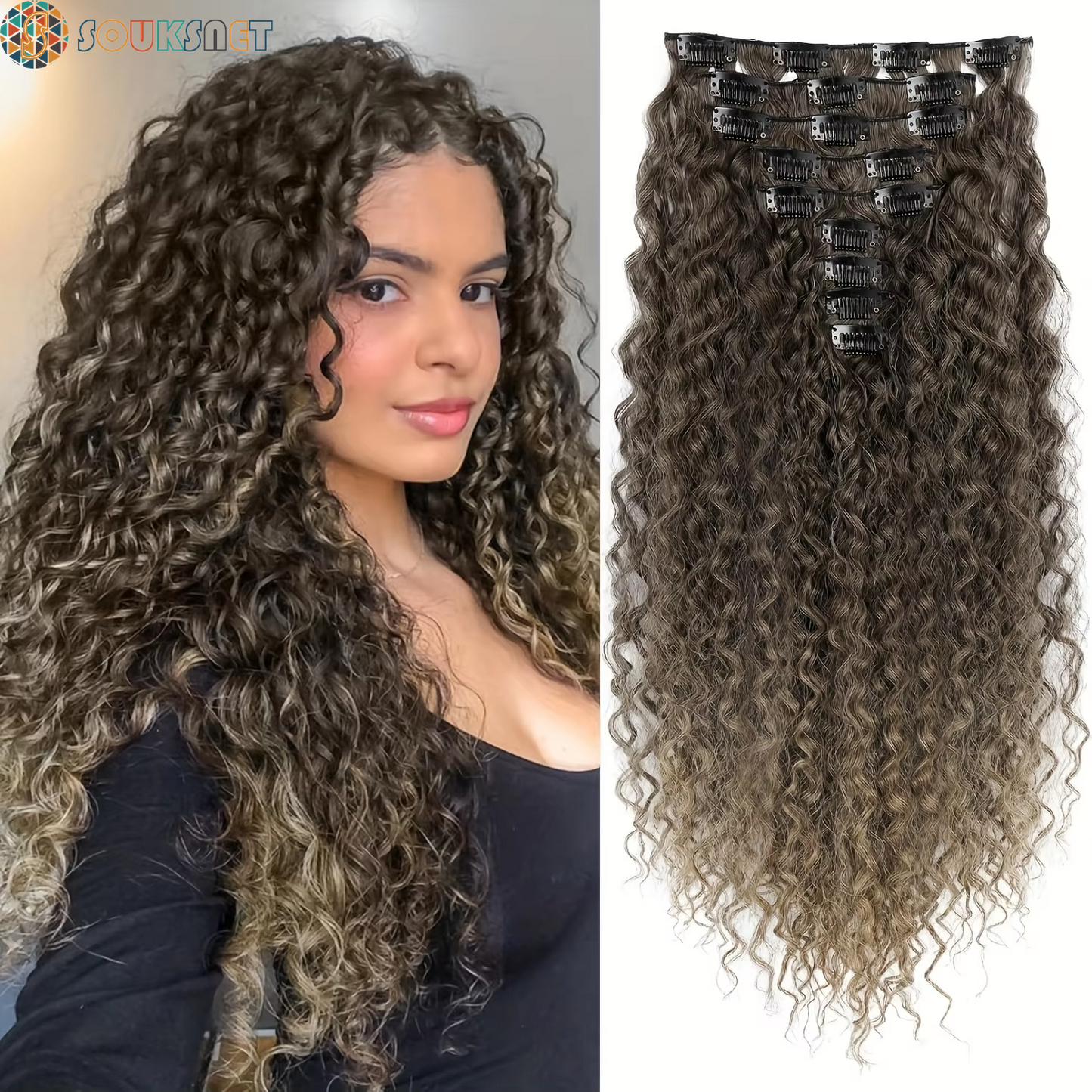 Extensions Cheveux À Clipser Bouclées 9 Pièces — 22 Pouces | Synthétique Doux | Femmes
