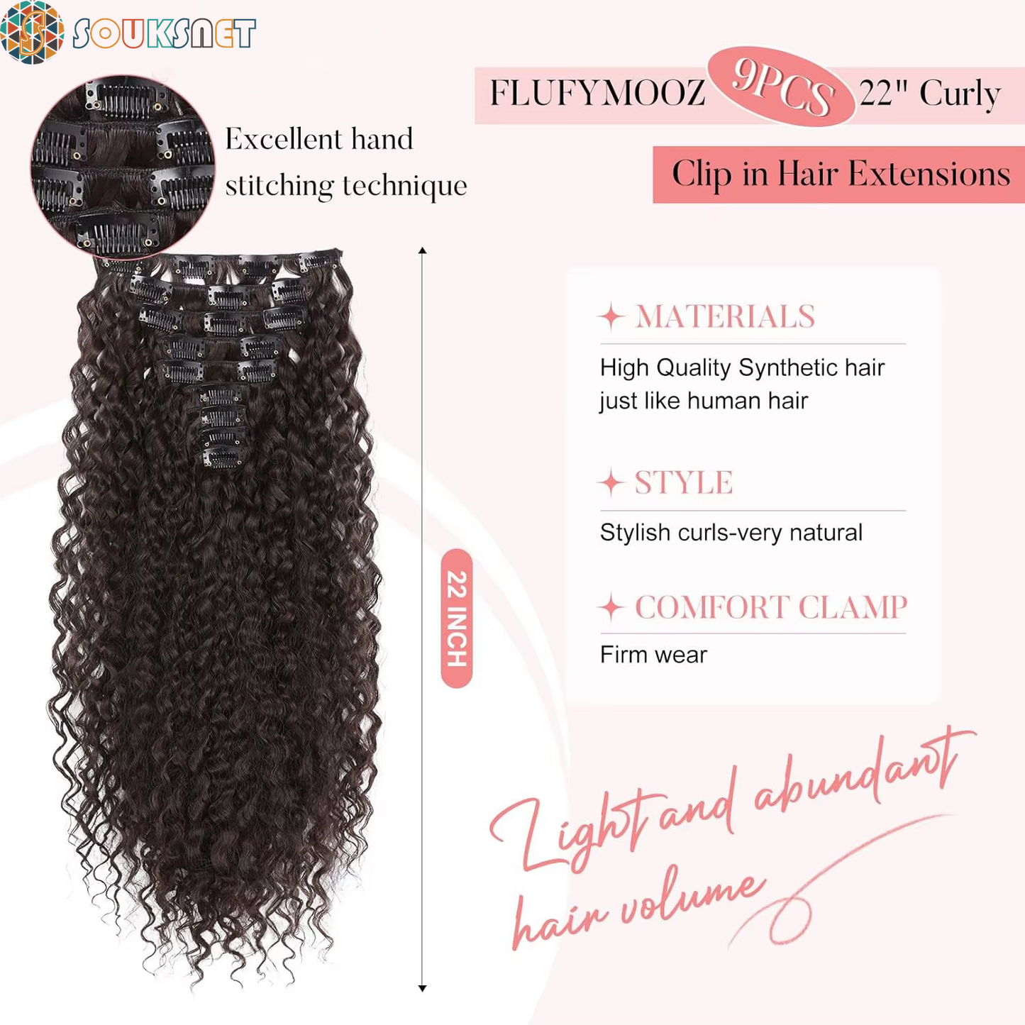 Extensions Cheveux À Clipser Bouclées 9 Pièces — 22 Pouces | Synthétique Doux | Femmes