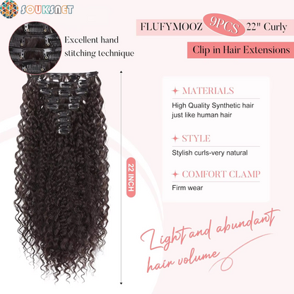 Extensions Cheveux À Clipser Bouclées 9 Pièces — 22 Pouces | Synthétique Doux | Femmes