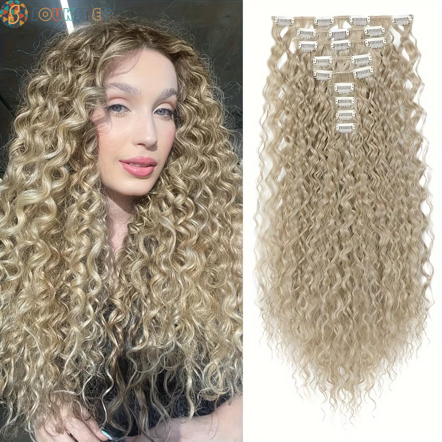 Extensions Cheveux À Clipser Bouclées 9 Pièces — 22 Pouces | Synthétique Doux | Femmes