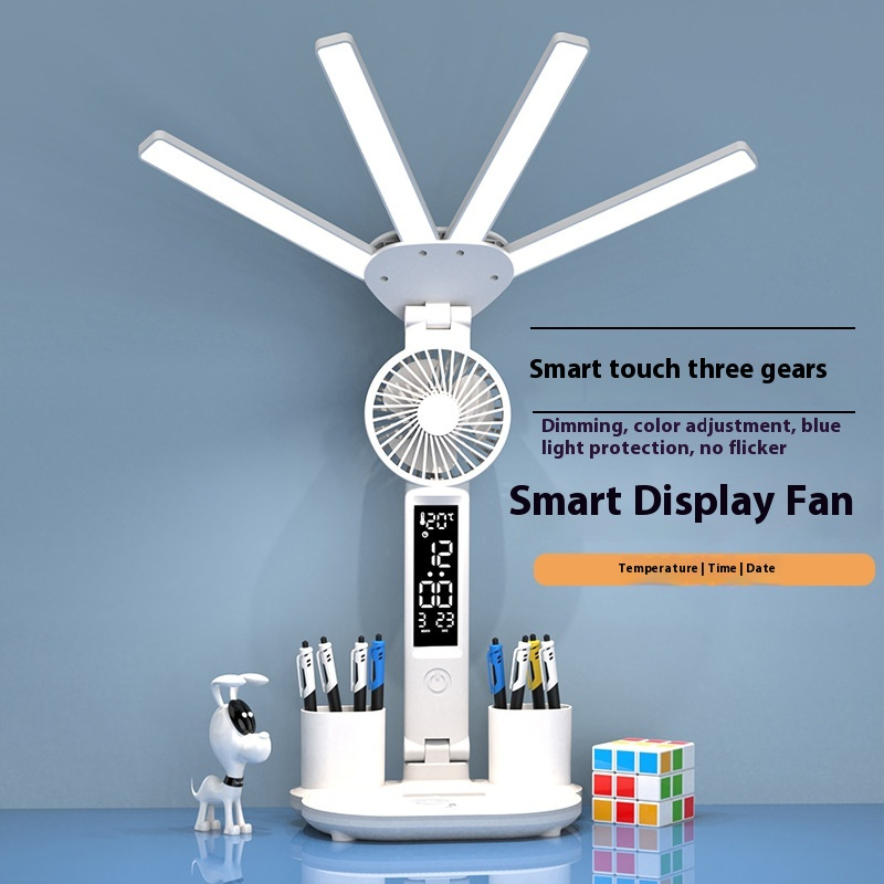 Lampe Bureau LED 3-en-1 — Ventilateur, Horloge & Calendrier | USB Rechargeable | 3 Couleurs