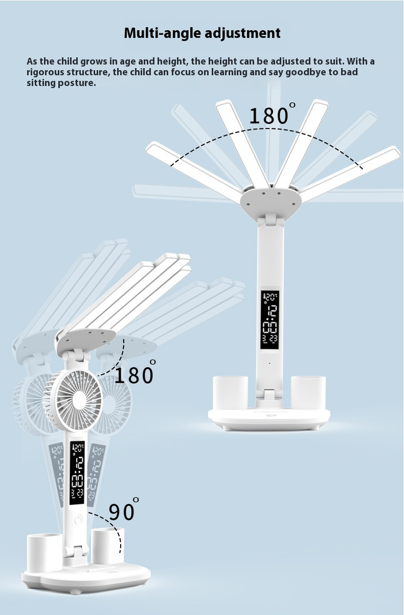 Lampe Bureau LED 3-en-1 — Ventilateur, Horloge & Calendrier | USB Rechargeable | 3 Couleurs
