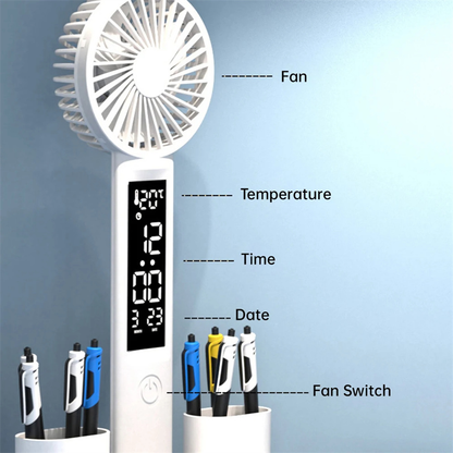 Lampe Bureau LED 3-en-1 — Ventilateur, Horloge & Calendrier | USB Rechargeable | 3 Couleurs