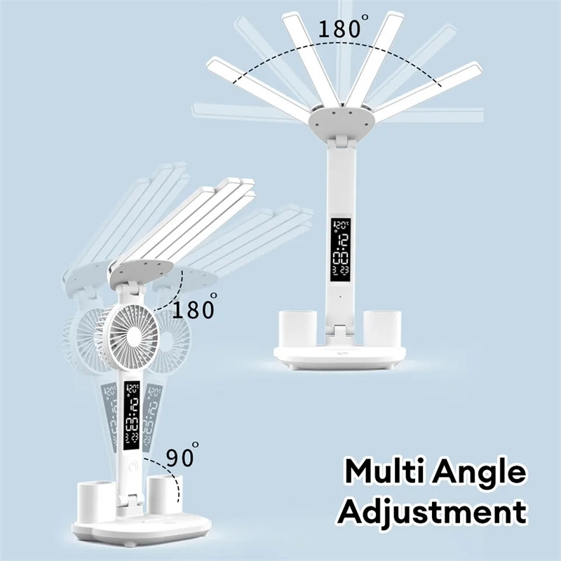 Lampe Bureau LED 3-en-1 — Ventilateur, Horloge & Calendrier | USB Rechargeable | 3 Couleurs