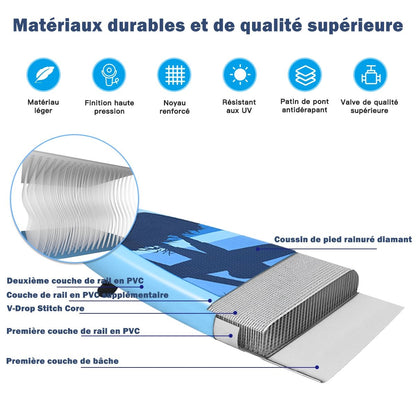 Paddle Stand up Gonflable En PVC Avec Sac De Transport Pagaie Réglable Accessoires 3 Tailles Au Choix Bleu Clair