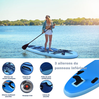 Paddle Stand up Gonflable En PVC Avec Sac De Transport Pagaie Réglable Accessoires 3 Tailles Au Choix Bleu Clair
