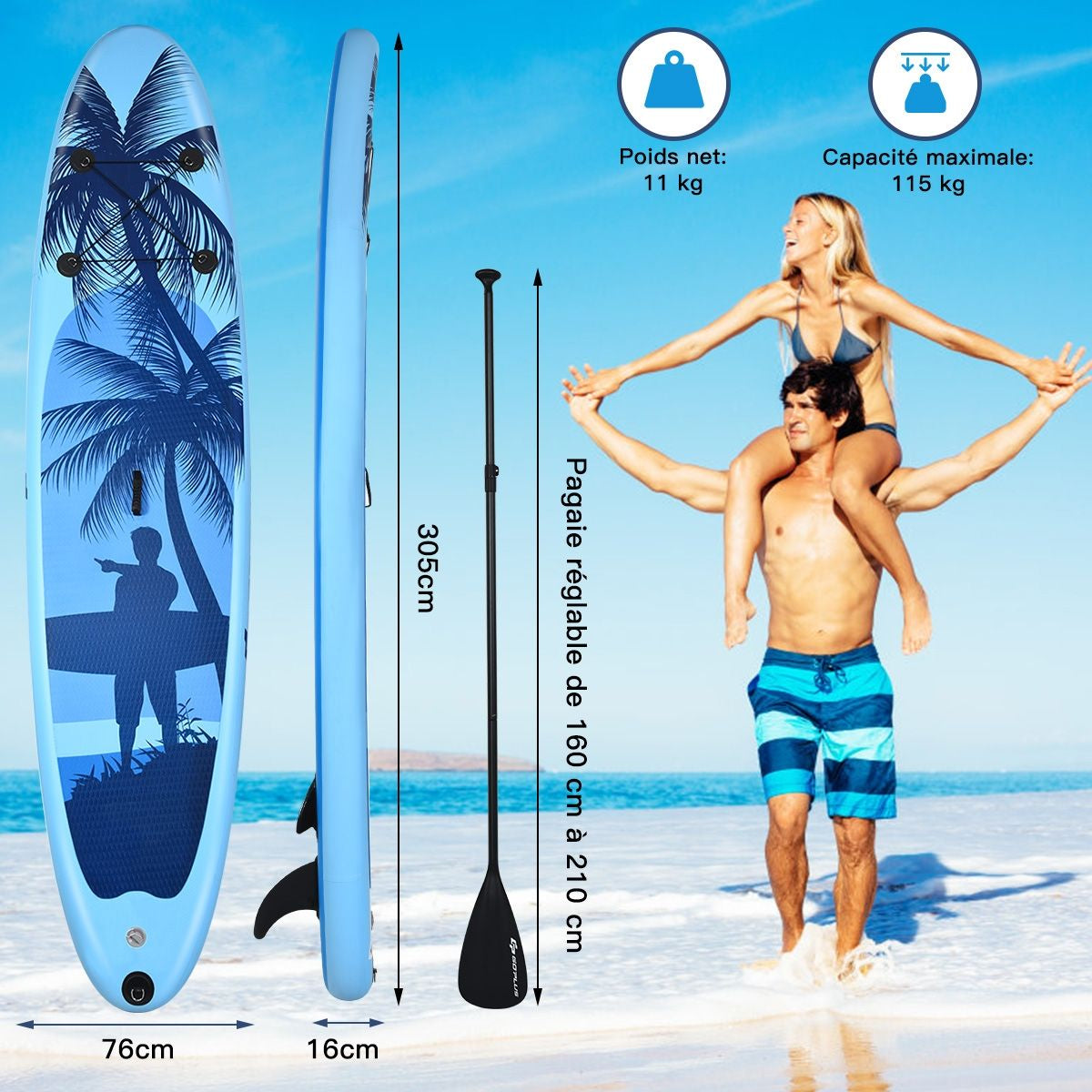 Paddle Stand up Gonflable En PVC Avec Sac De Transport Pagaie Réglable Accessoires 3 Tailles Au Choix Bleu Clair