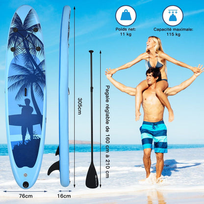 Paddle Stand up Gonflable En PVC Avec Sac De Transport Pagaie Réglable Accessoires 3 Tailles Au Choix Bleu Clair