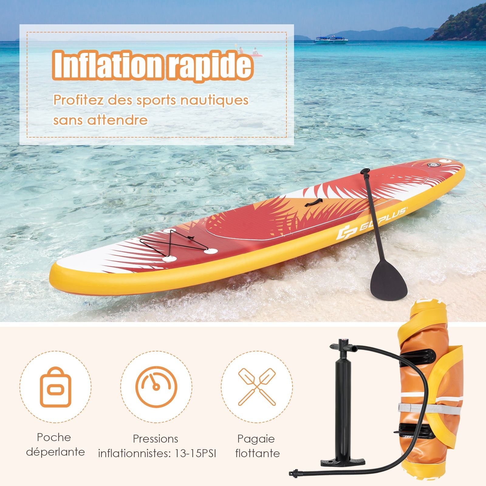 Paddle Gonflable 320X76X15Cm/335X76X15Cm En PVC Avec Pagaie Alliage Aluminium Réglable Aileron Amovible Pompe Manuel 130KG MAX Orange