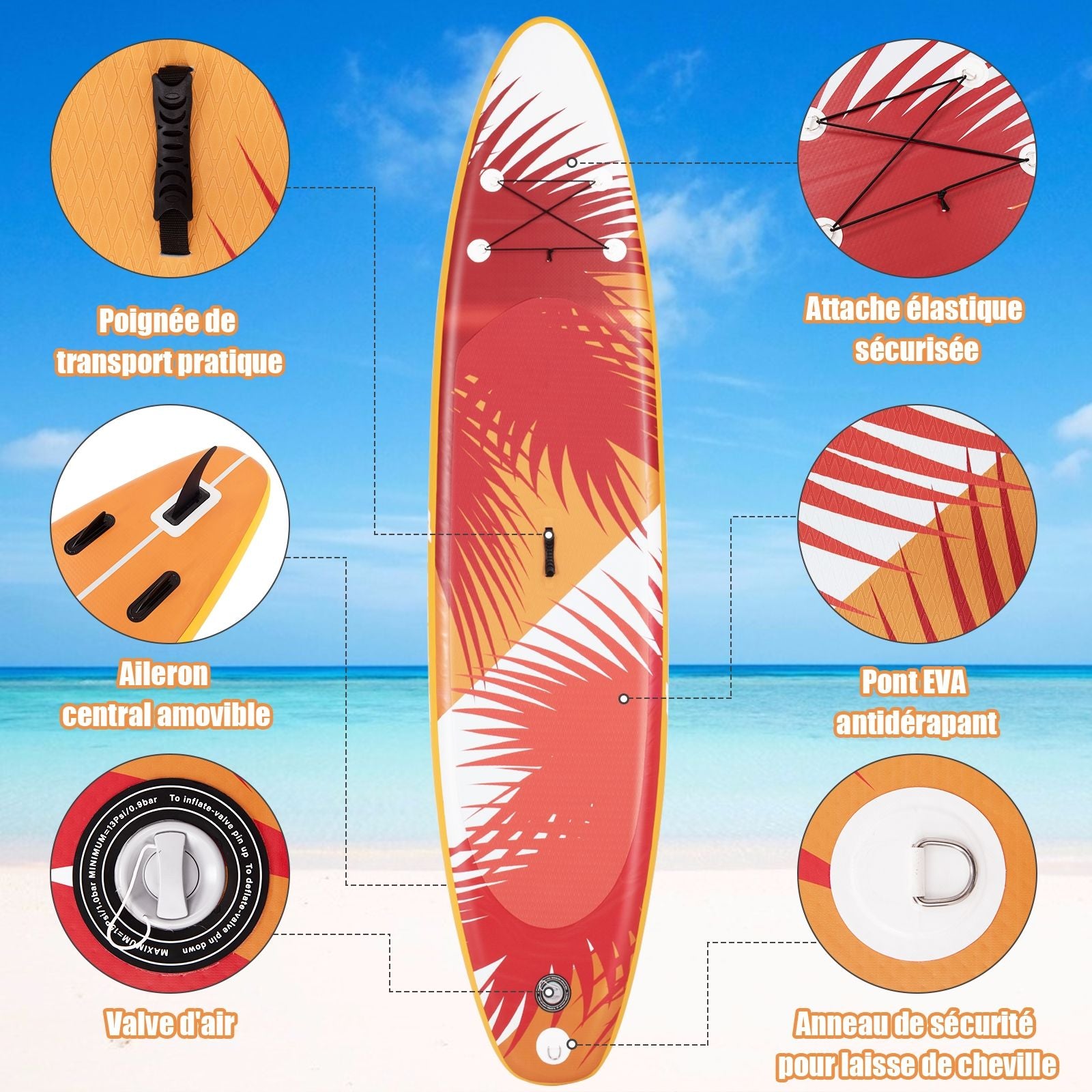 Paddle Gonflable 320X76X15Cm/335X76X15Cm En PVC Avec Pagaie Alliage Aluminium Réglable Aileron Amovible Pompe Manuel 130KG MAX Orange