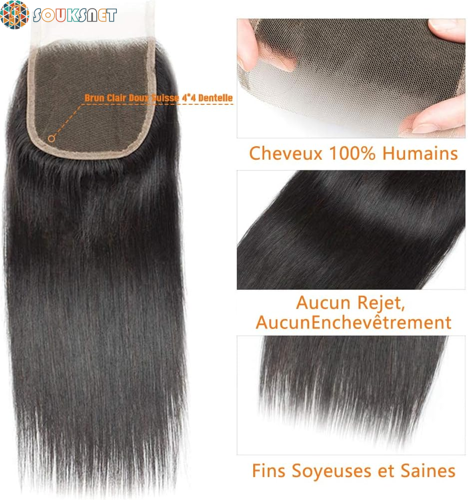 Bresilian Weaving in Lots Human Hair Virgin Closure Weaving Smooth Extensiones De Cabello Hair Extensions 100% Natural Human Hair Straight Hair Strands Natural Black (16 Inch/40 Cm, 4X4 Lace Closure)