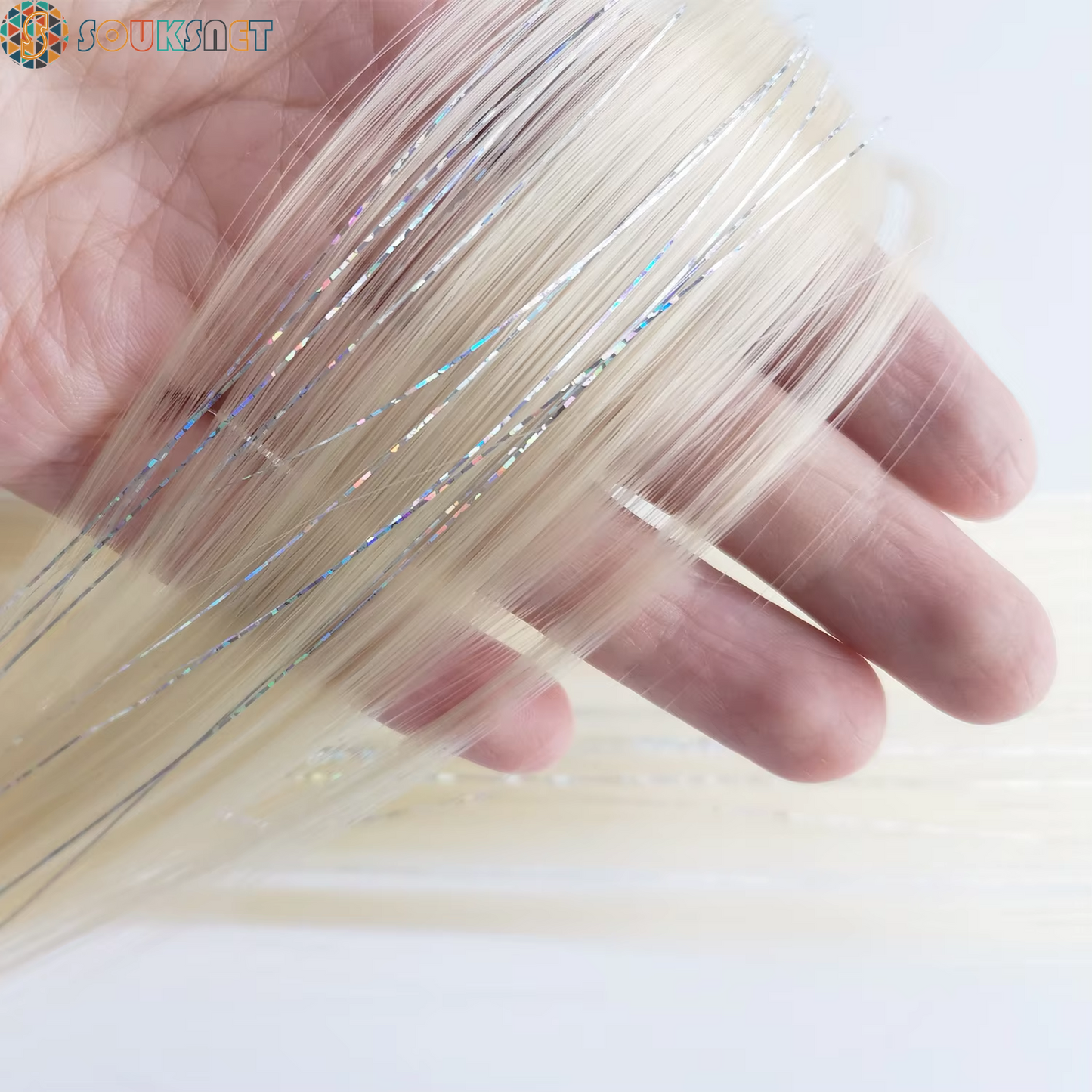 Sky Blue Hair Clip in Colored Extension Mixed Silver Tinsels Synthetic Rainbow Hairpiece Holiday Party Highlights for Women Girl