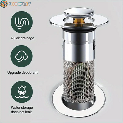 2PC Bathroom Sink Stopper,Bathroom Sink Drain Strainer , Pop up Stainless Steel Floor Drain Filter with Basket Hair Catcher, Quickly Drain Water