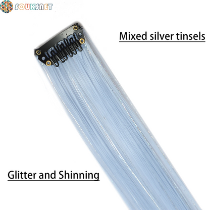 Clip in Colored Hair Extensions Mixed Silver Tinsels Synthetic Rainbow Hairpiece Holiday Party Highlights for Women Girls