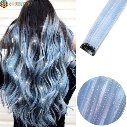 Clip in Colored Hair Extensions Mixed Silver Tinsels Synthetic Rainbow Hairpiece Holiday Party Highlights for Women Girls