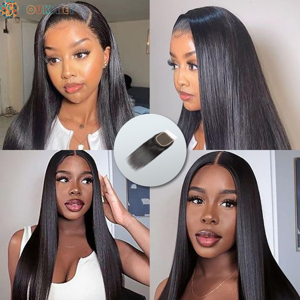 Bresilian Weaving in Lots Human Hair Virgin Closure Weaving Smooth Extensiones De Cabello Hair Extensions 100% Natural Human Hair Straight Hair Strands Natural Black (16 Inch/40 Cm, 4X4 Lace Closure)