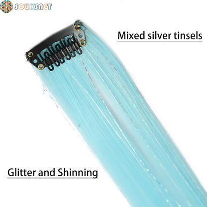 Sky Blue Hair Clip in Colored Extension Mixed Silver Tinsels Synthetic Rainbow Hairpiece Holiday Party Highlights for Women Girl