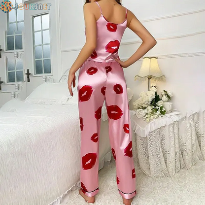 Women'S Satin Pajama Set with Lip Print V-Neck Cami Top and Elastic Pants for Women Pijama Comfortable Sleep and Loungwear