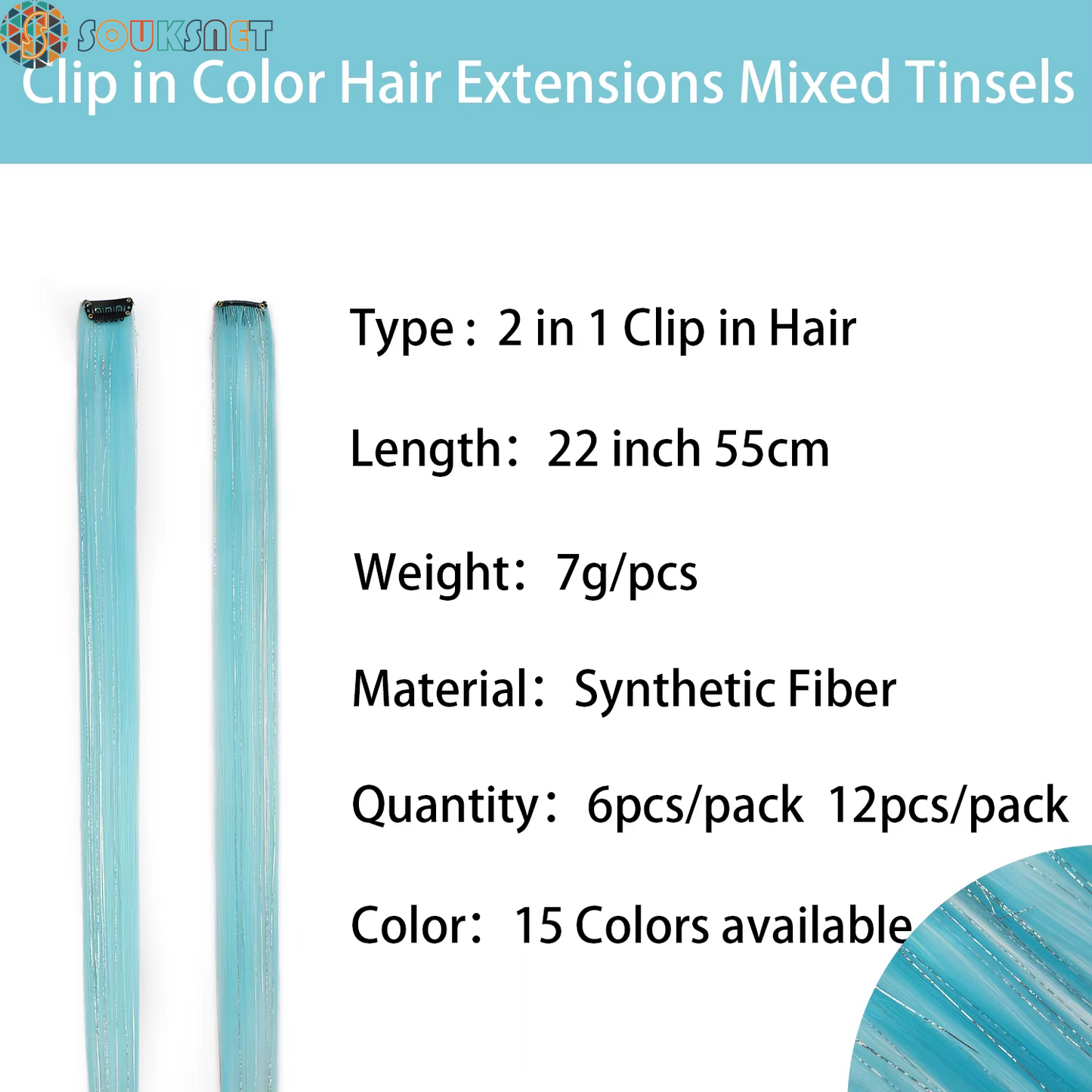 Sky Blue Hair Clip in Colored Extension Mixed Silver Tinsels Synthetic Rainbow Hairpiece Holiday Party Highlights for Women Girl