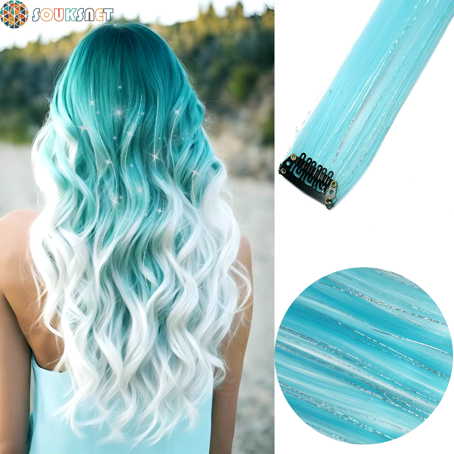 Sky Blue Hair Clip in Colored Extension Mixed Silver Tinsels Synthetic Rainbow Hairpiece Holiday Party Highlights for Women Girl