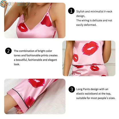 Women'S Satin Pajama Set with Lip Print V-Neck Cami Top and Elastic Pants for Women Pijama Comfortable Sleep and Loungwear