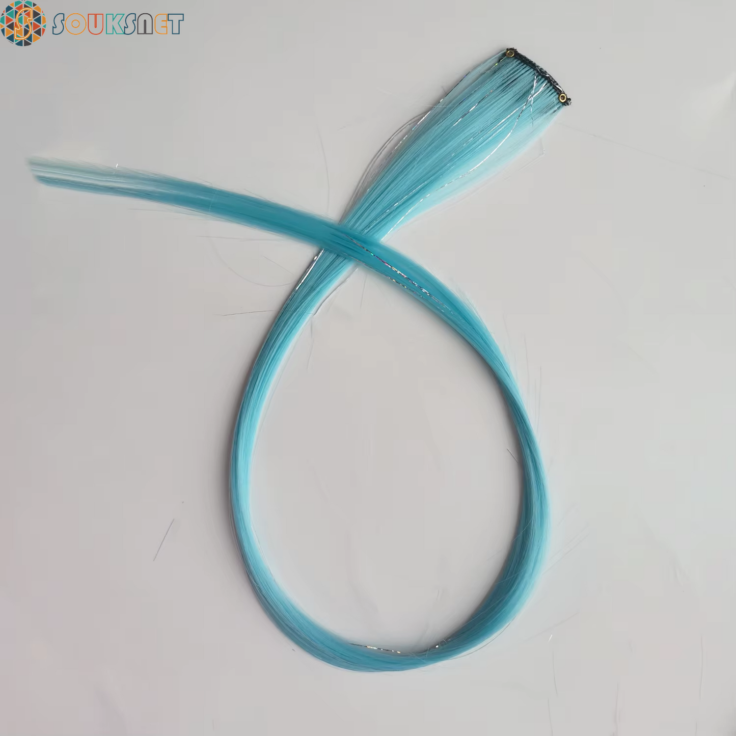 Sky Blue Hair Clip in Colored Extension Mixed Silver Tinsels Synthetic Rainbow Hairpiece Holiday Party Highlights for Women Girl
