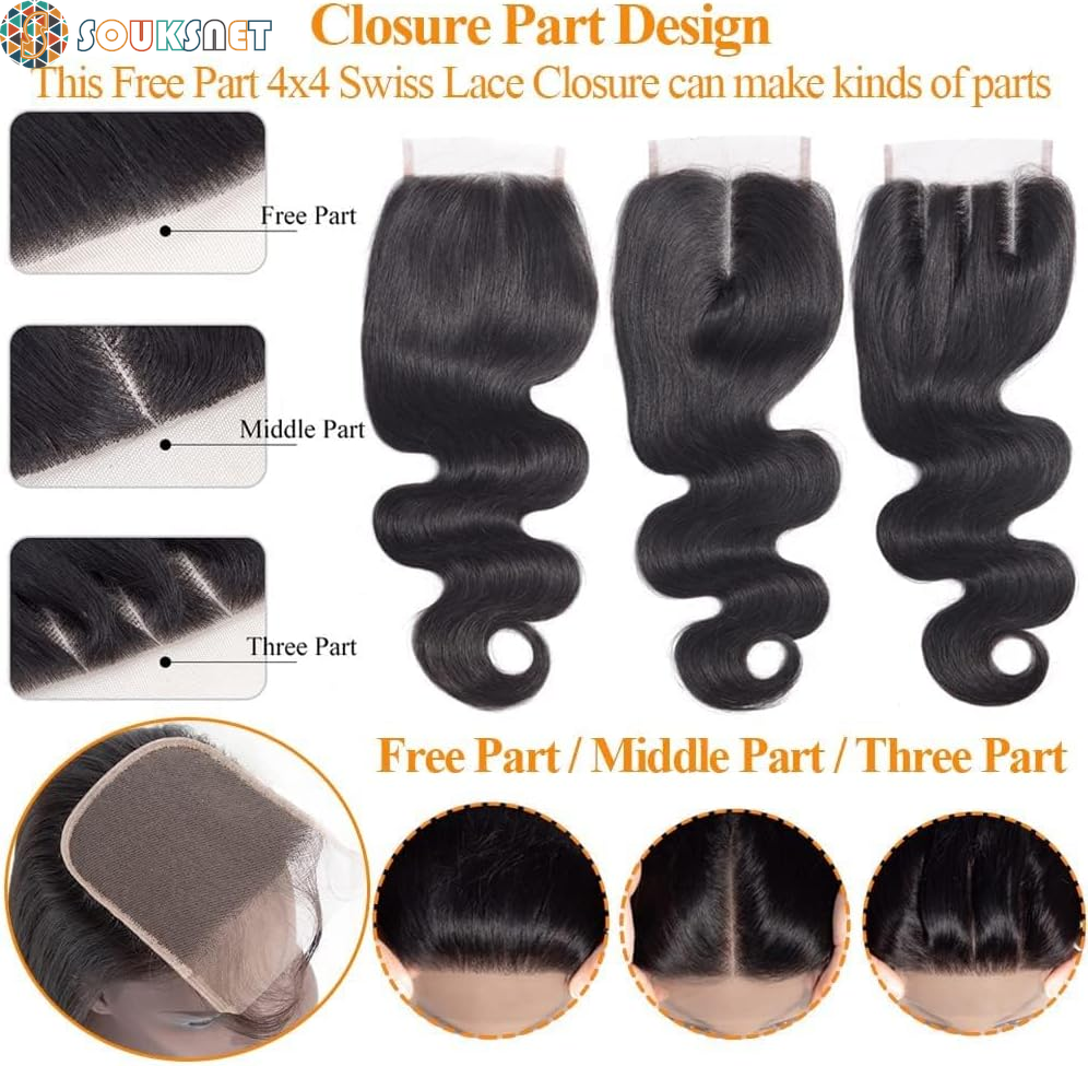 Bresilian Weaving in Lots Human Hair Virgin Closure Weaving Smooth Extensiones De Cabello Hair Extensions 100% Natural Human Hair Straight Hair Strands Natural Black (16 Inch/40 Cm, 4X4 Lace Closure)