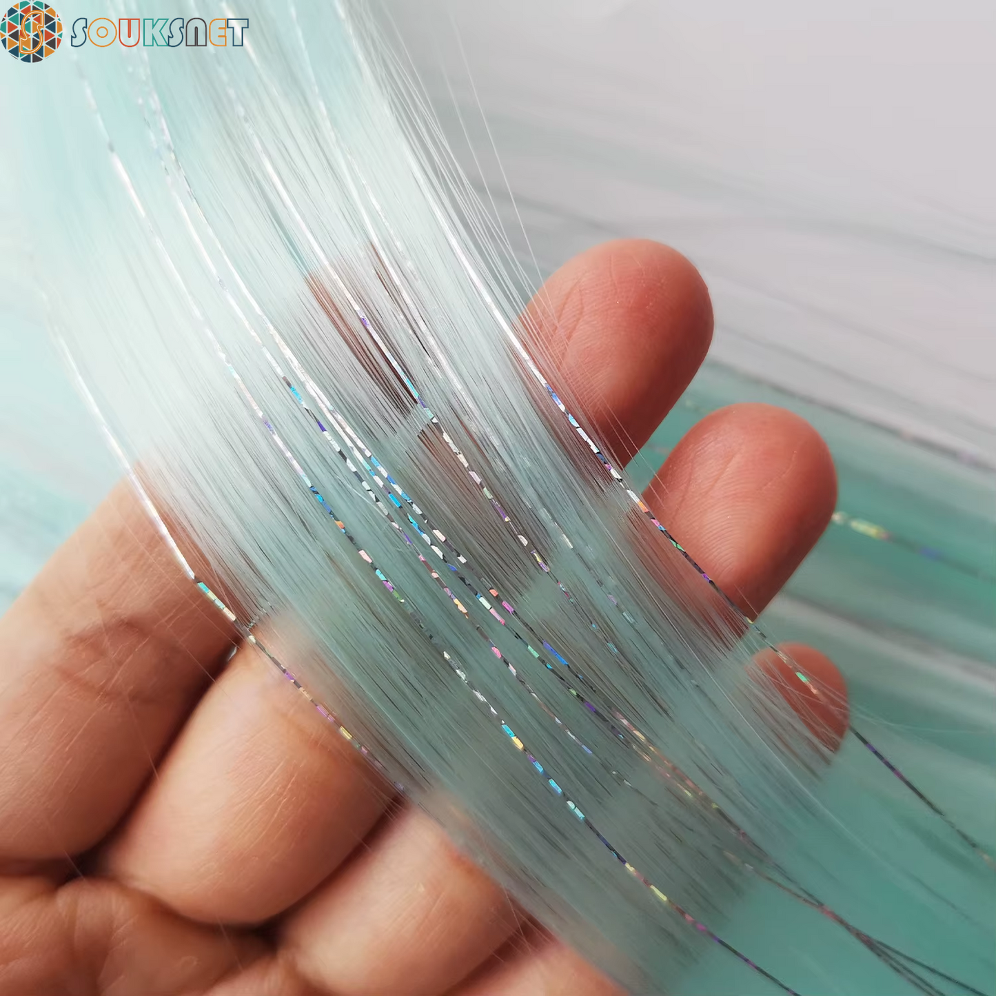 Sky Blue Hair Clip in Colored Extension Mixed Silver Tinsels Synthetic Rainbow Hairpiece Holiday Party Highlights for Women Girl