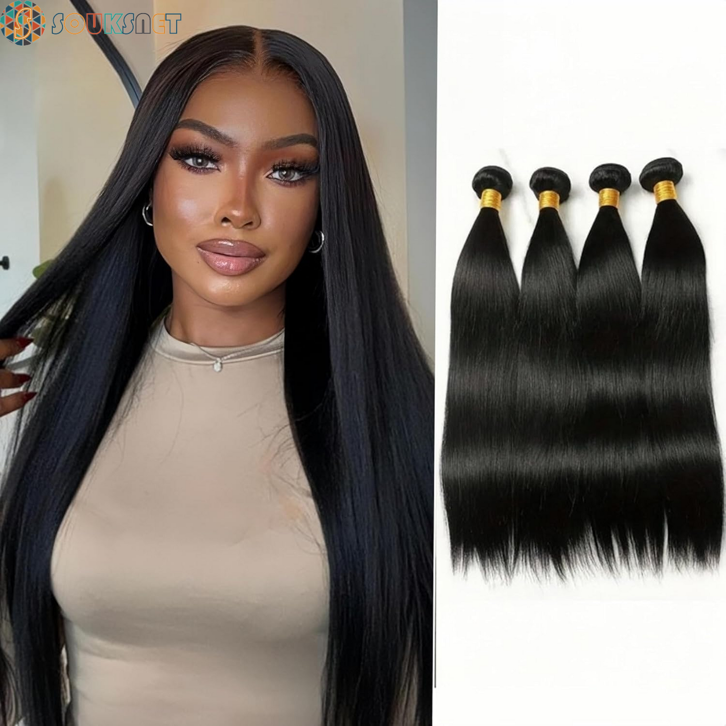 Bresilian Weaving in Lots Human Hair Virgin Closure Weaving Smooth Extensiones De Cabello Hair Extensions 100% Natural Human Hair Straight Hair Strands Natural Black (16 Inch/40 Cm, 4X4 Lace Closure)